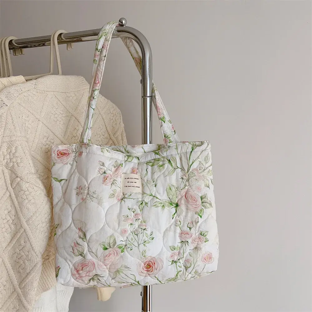 Handbag Cotton Floral Tote Bag for Women Trendy Chic Puffy Top Handle Bag Quilted Padded Shoulder Bag Designer Shopper Bags