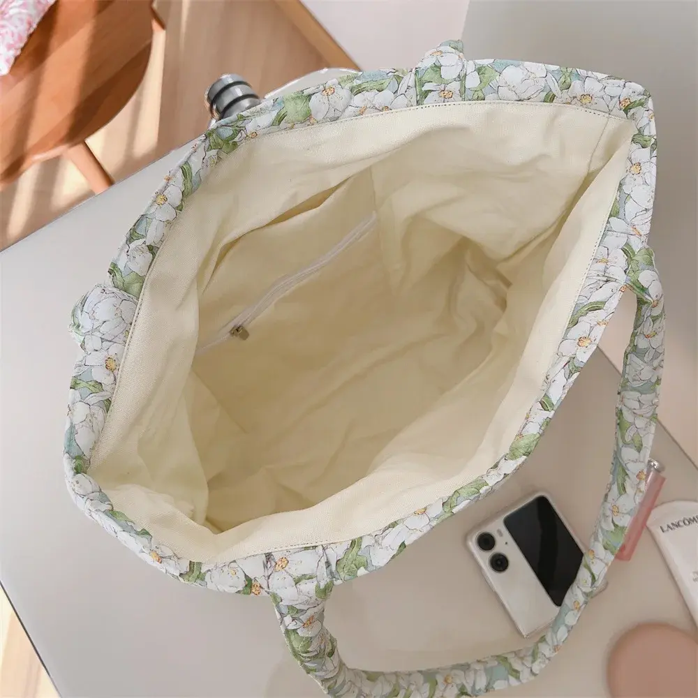 Handbag Cotton Floral Tote Bag for Women Trendy Chic Puffy Top Handle Bag Quilted Padded Shoulder Bag Designer Shopper Bags