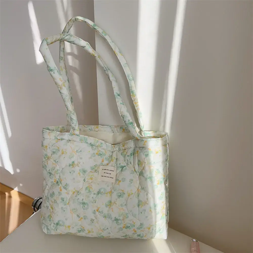 Handbag Cotton Floral Tote Bag for Women Trendy Chic Puffy Top Handle Bag Quilted Padded Shoulder Bag Designer Shopper Bags