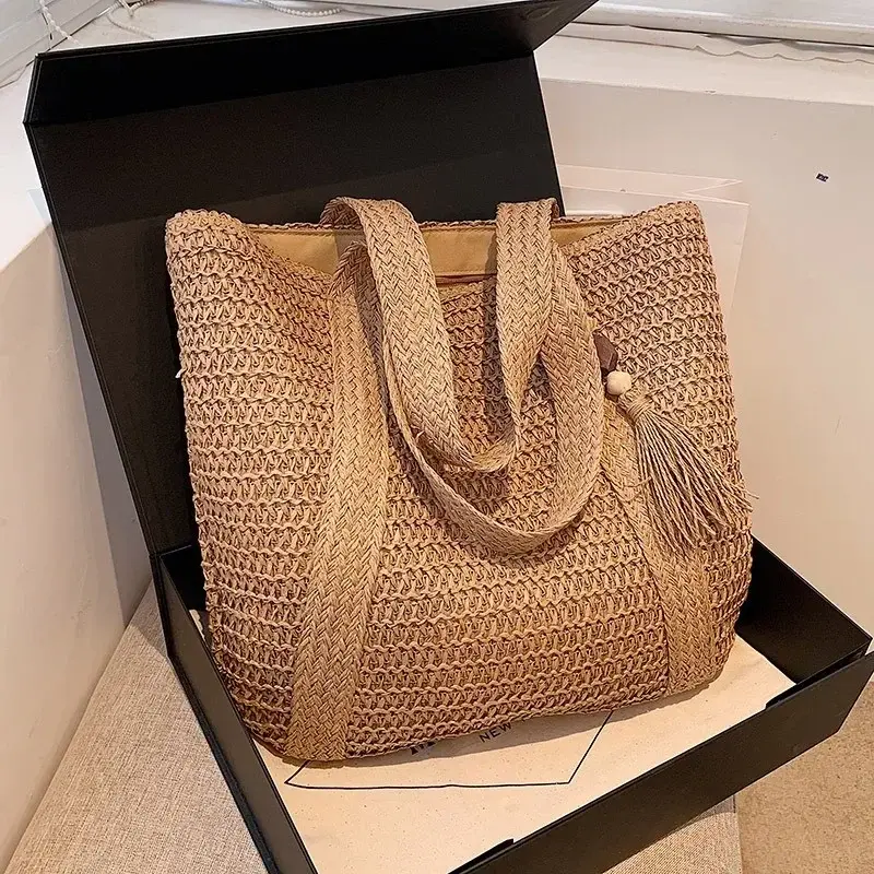 Elegant Ladies Straw Woven Handbag Women Holiday Beach Commute Casual Tote Top-Handle Bags Fashion Retro Shoulder Bags 2025