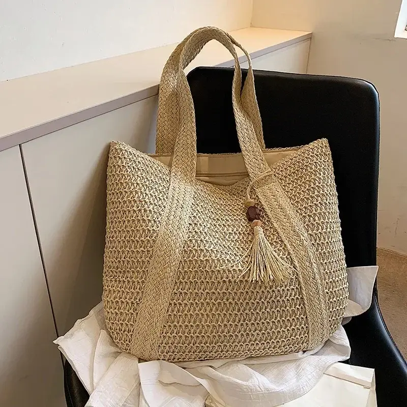 Elegant Ladies Straw Woven Handbag Women Holiday Beach Commute Casual Tote Top-Handle Bags Fashion Retro Shoulder Bags 2025
