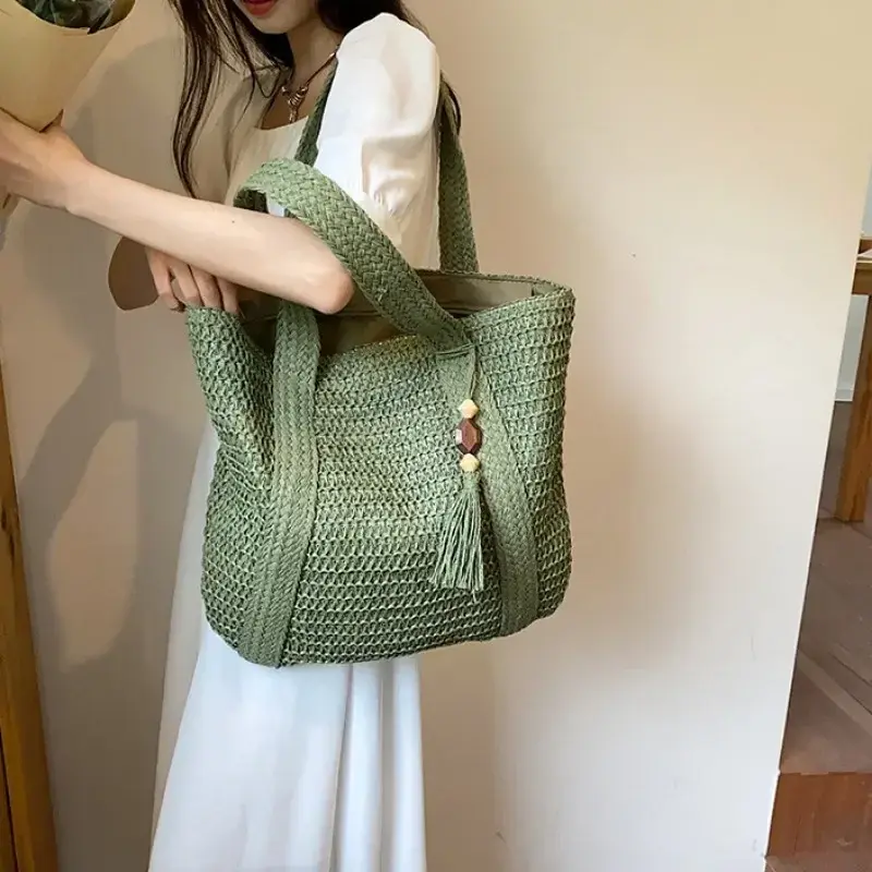 Elegant Ladies Straw Woven Handbag Women Holiday Beach Commute Casual Tote Top-Handle Bags Fashion Retro Shoulder Bags 2025