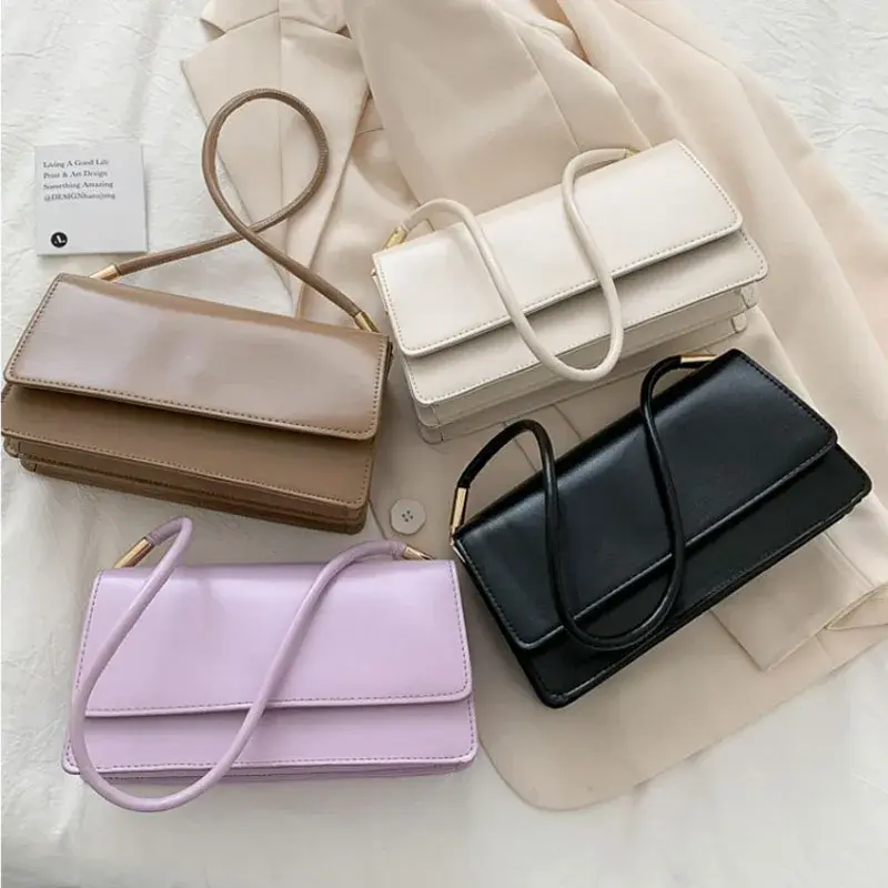 Trendy Designer Women's Shoulder Bag Solid Color PU Leather Underarm Bags For Women New Simple Ladies Commute Handbags Purses