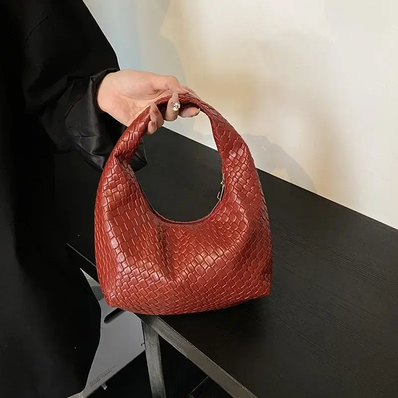 Women Classic Woven Embossed Handbag Retro PU Leather Women's Crescent Shoulder Bag Large Capacity Daily Commuter Tote Bag