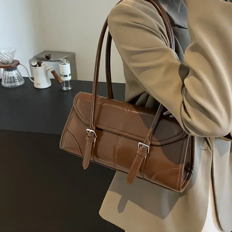 Retro Oil Wax Leather Shoulder Bag For Women 2025 Winter Y2K Trend Solid Color Burgundy Underarm Bag Women's Handbags Tote Bags