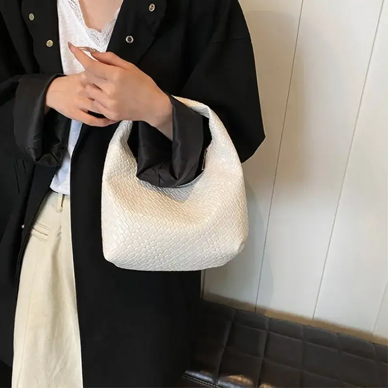 Women Classic Woven Embossed Handbag Retro PU Leather Women's Crescent Shoulder Bag Large Capacity Daily Commuter Tote Bag