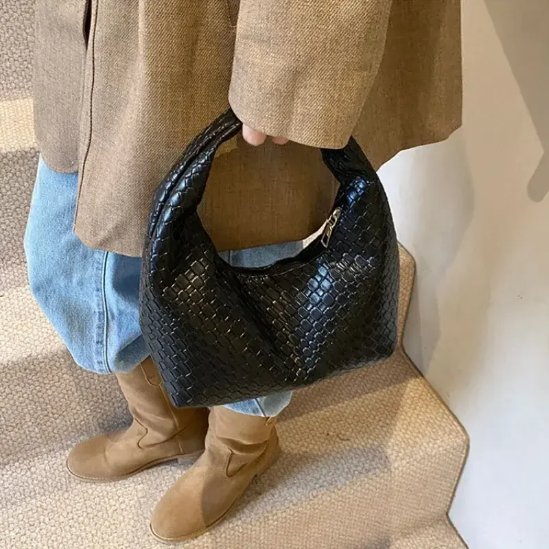 Women Classic Woven Embossed Handbag Retro PU Leather Women's Crescent Shoulder Bag Large Capacity Daily Commuter Tote Bag