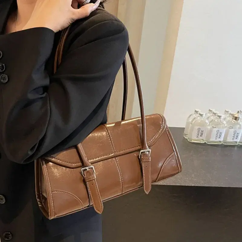 Retro Oil Wax Leather Shoulder Bag For Women 2025 Winter Y2K Trend Solid Color Burgundy Underarm Bag Women's Handbags Tote Bags