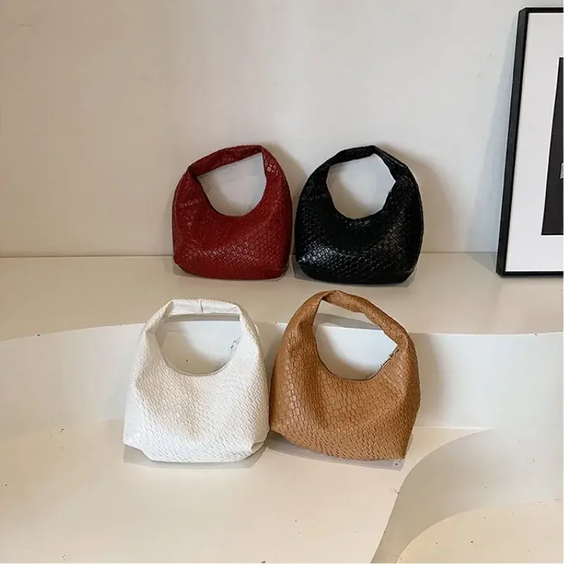 Women Classic Woven Embossed Handbag Retro PU Leather Women's Crescent Shoulder Bag Large Capacity Daily Commuter Tote Bag