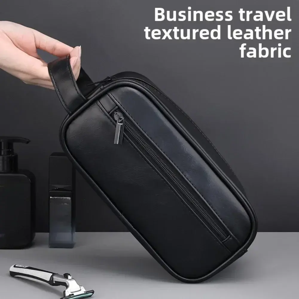 Men Leather Wash Bag Travel Business Trips Portable Cosmetic Bag Large Capacity Multi Pocket Design Handheld Leather Wash Bag