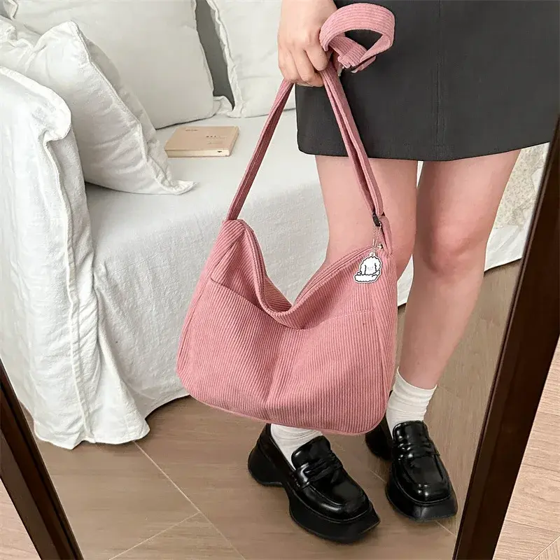 Women’s Corduroy Shoulder Bag, Casual Striped Large Capacity Tote with Zipper Closure, Cute Hat Patch, Perfect for Everyday Use