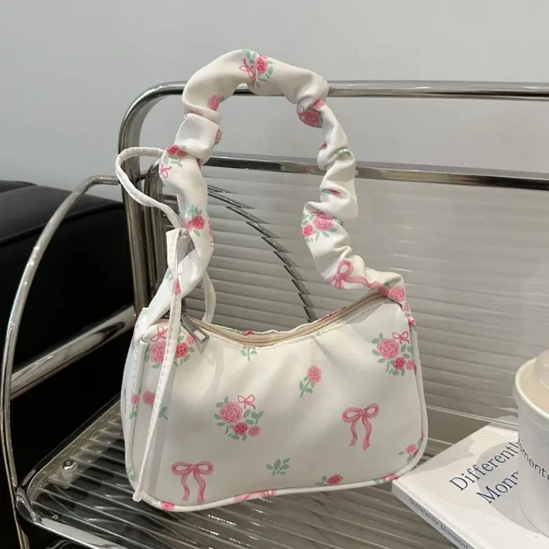 New Drawstring Aesthetic Floral Bag Large Capacity Pleated Strap Underarm Bag Adjustable Strap Zipper Closure Shoulder Hobo Bag