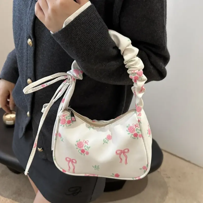 New Drawstring Aesthetic Floral Bag Large Capacity Pleated Strap Underarm Bag Adjustable Strap Zipper Closure Shoulder Hobo Bag