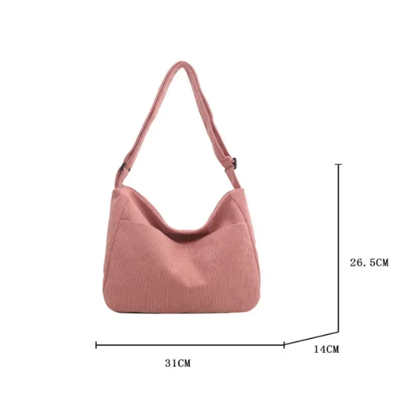 Women’s Corduroy Shoulder Bag, Casual Striped Large Capacity Tote with Zipper Closure, Cute Hat Patch, Perfect for Everyday Use