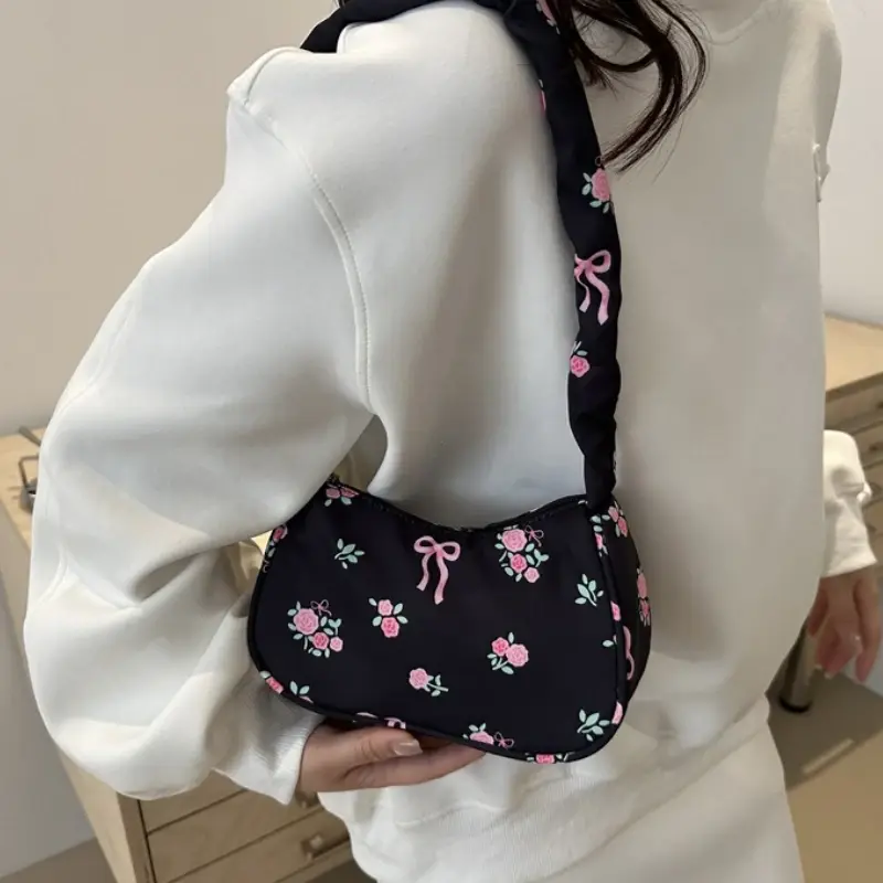 New Drawstring Aesthetic Floral Bag Large Capacity Pleated Strap Underarm Bag Adjustable Strap Zipper Closure Shoulder Hobo Bag