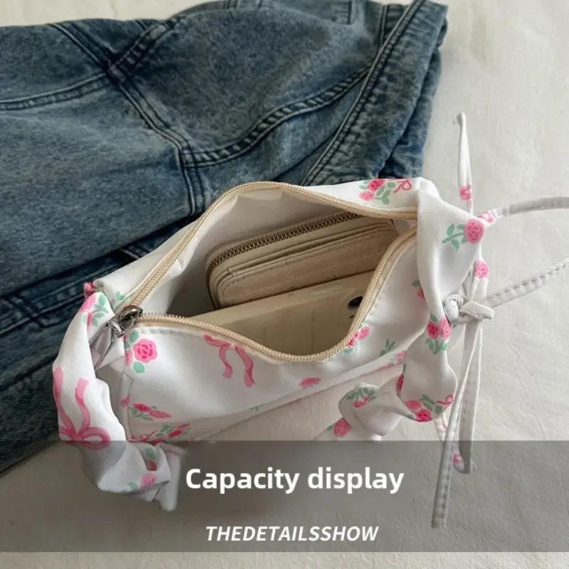 New Drawstring Aesthetic Floral Bag Large Capacity Pleated Strap Underarm Bag Adjustable Strap Zipper Closure Shoulder Hobo Bag