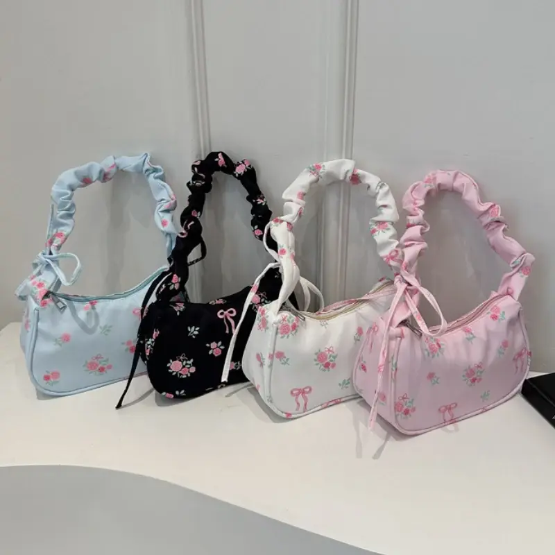 New Drawstring Aesthetic Floral Bag Large Capacity Pleated Strap Underarm Bag Adjustable Strap Zipper Closure Shoulder Hobo Bag