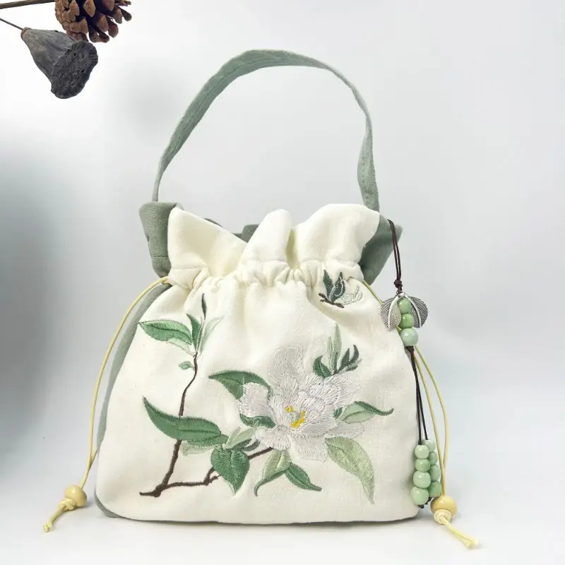 Chinese Style Retro Drawstring Bucket Bag Embroidered Lace Flower Shoulder Bag Women's Crossbody Top-handle Bags Coin Purses
