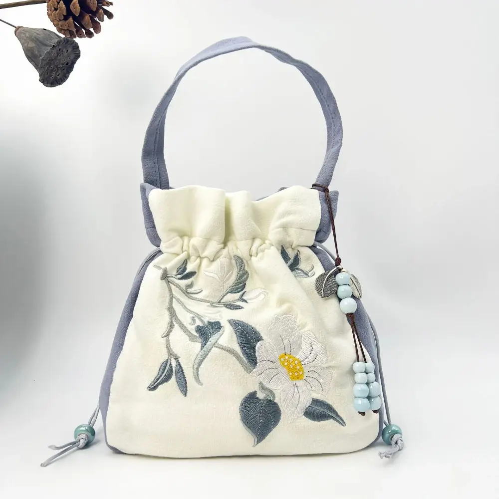 Chinese Style Retro Drawstring Bucket Bag Embroidered Lace Flower Shoulder Bag Women's Crossbody Top-handle Bags Coin Purses