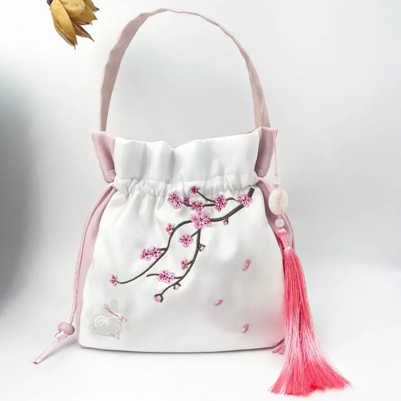 Chinese Style Retro Drawstring Bucket Bag Embroidered Lace Flower Shoulder Bag Women's Crossbody Top-handle Bags Coin Purses