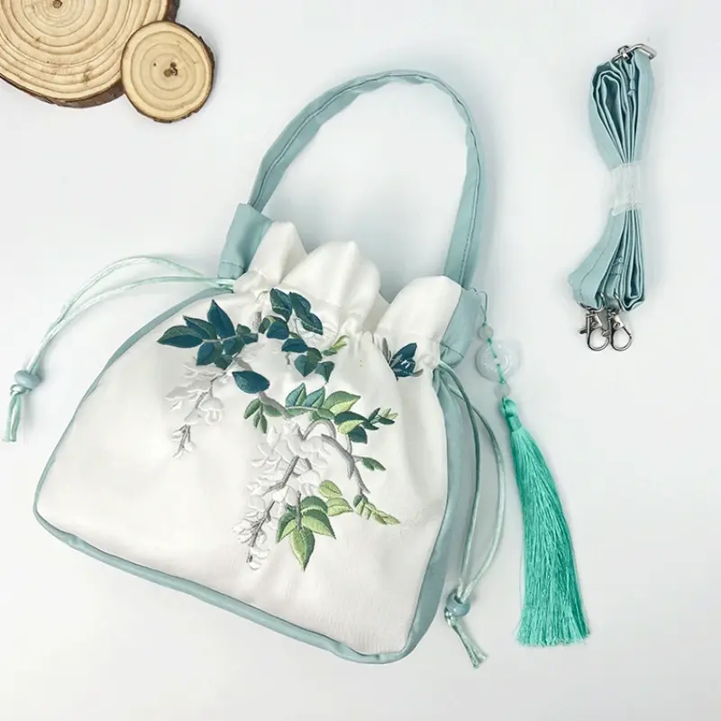 Chinese Style Retro Drawstring Bucket Bag Embroidered Lace Flower Shoulder Bag Women's Crossbody Top-handle Bags Coin Purses