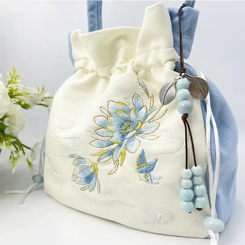 Chinese Style Retro Drawstring Bucket Bag Embroidered Lace Flower Shoulder Bag Women's Crossbody Top-handle Bags Coin Purses