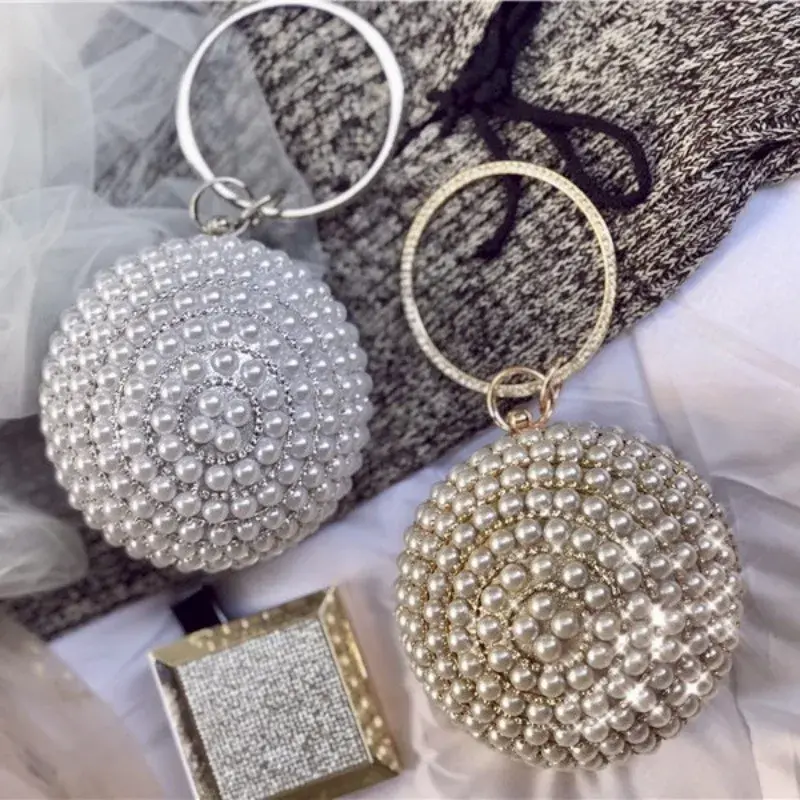 Luxury Elegant Evening Bag Round Pearl Clutch Purse Handbag Ring Handle For Women Bride Bridesmaid Wedding Party Handbag Purses