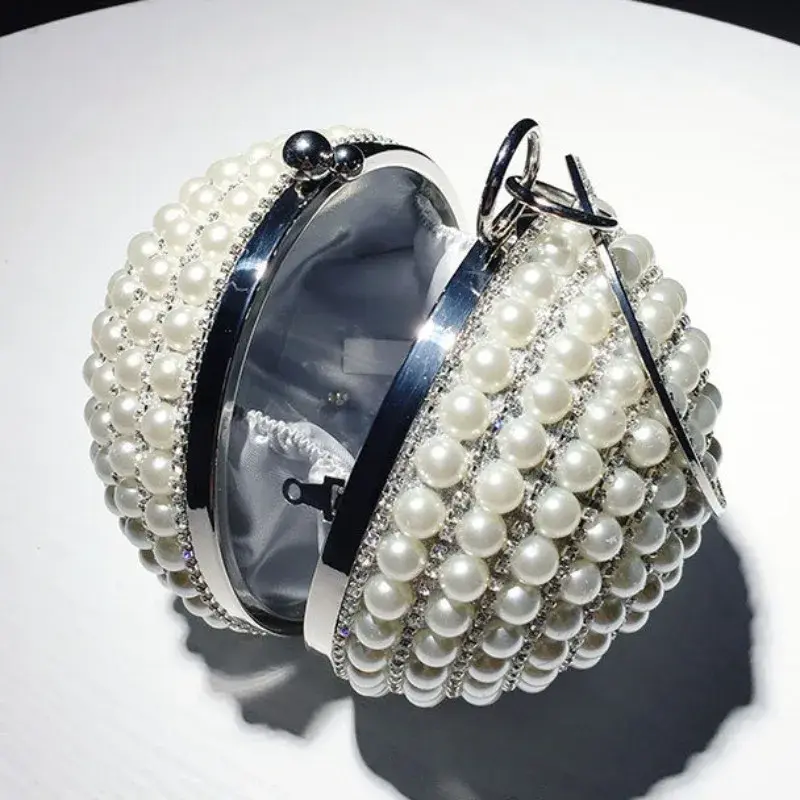 Luxury Elegant Evening Bag Round Pearl Clutch Purse Handbag Ring Handle For Women Bride Bridesmaid Wedding Party Handbag Purses