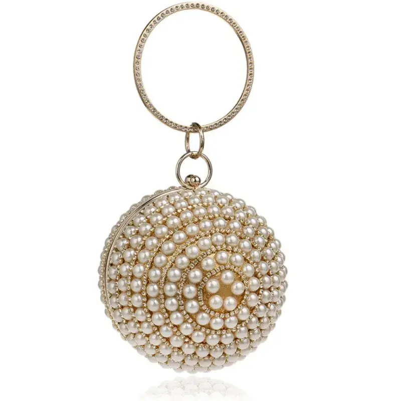 Luxury Elegant Evening Bag Round Pearl Clutch Purse Handbag Ring Handle For Women Bride Bridesmaid Wedding Party Handbag Purses