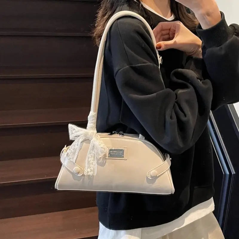 Women Casual Tote Handbag PU Leather Bow Leisure Armpit Handbag Solid Color Travel Underarm Handbag Female Dating Bag