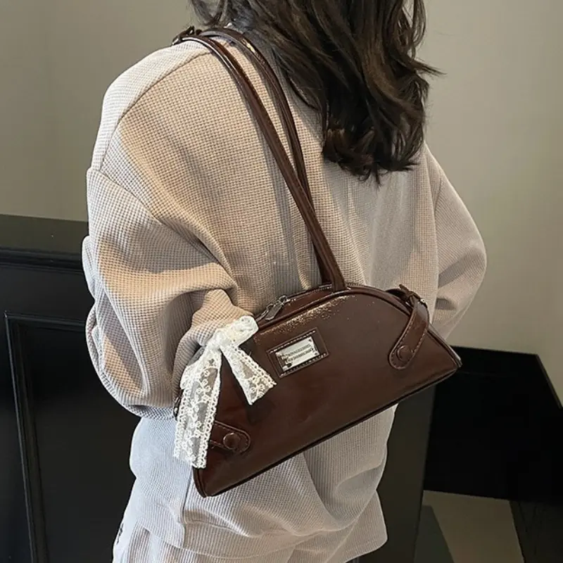 Women Casual Tote Handbag PU Leather Bow Leisure Armpit Handbag Solid Color Travel Underarm Handbag Female Dating Bag