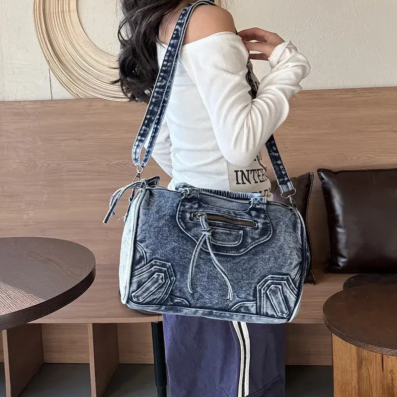 Luxury Designer City Tote Bag for Women Retro Washed Denim Cloth Splicing Fringed Shoulder Portable Messenger Bag Handbags