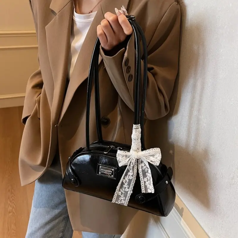 Women Casual Tote Handbag PU Leather Bow Leisure Armpit Handbag Solid Color Travel Underarm Handbag Female Dating Bag