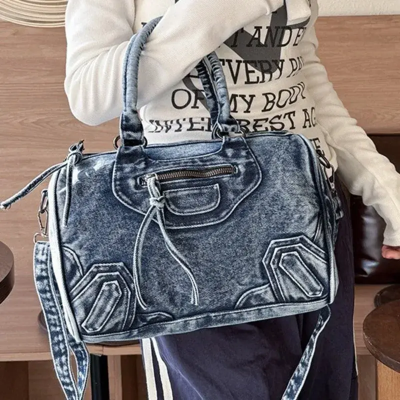 Luxury Designer City Tote Bag for Women Retro Washed Denim Cloth Splicing Fringed Shoulder Portable Messenger Bag Handbags