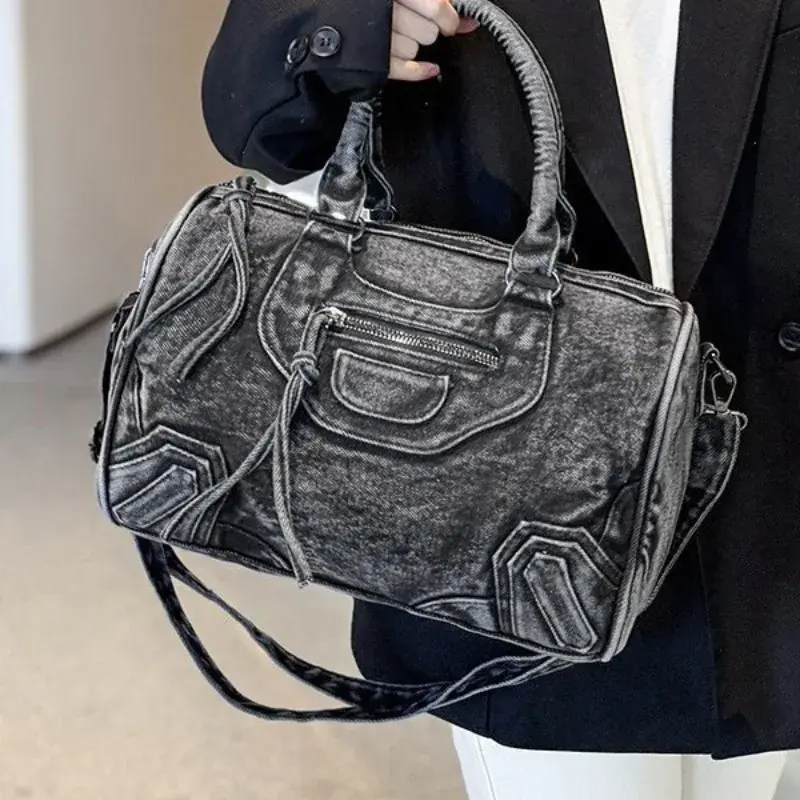 Luxury Designer City Tote Bag for Women Retro Washed Denim Cloth Splicing Fringed Shoulder Portable Messenger Bag Handbags
