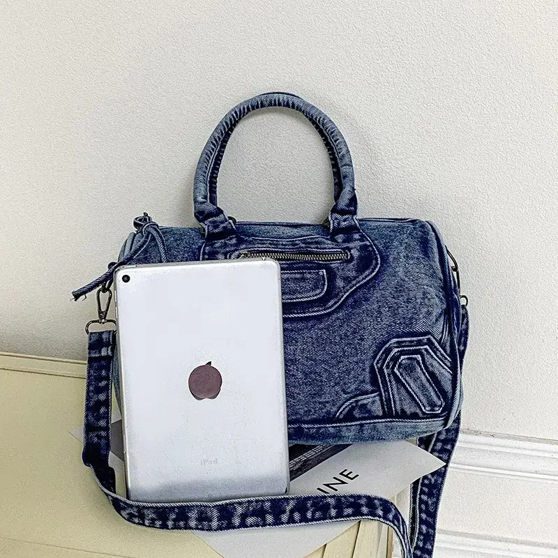 Luxury Designer City Tote Bag for Women Retro Washed Denim Cloth Splicing Fringed Shoulder Portable Messenger Bag Handbags