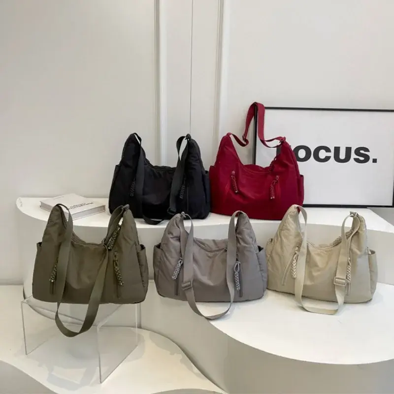 Summer Women Solid Color Shoulder Bag Fashion Lightweight Versatile Travel Crossbody Bag Commuter Nylon Large Capacity Hobo Bag