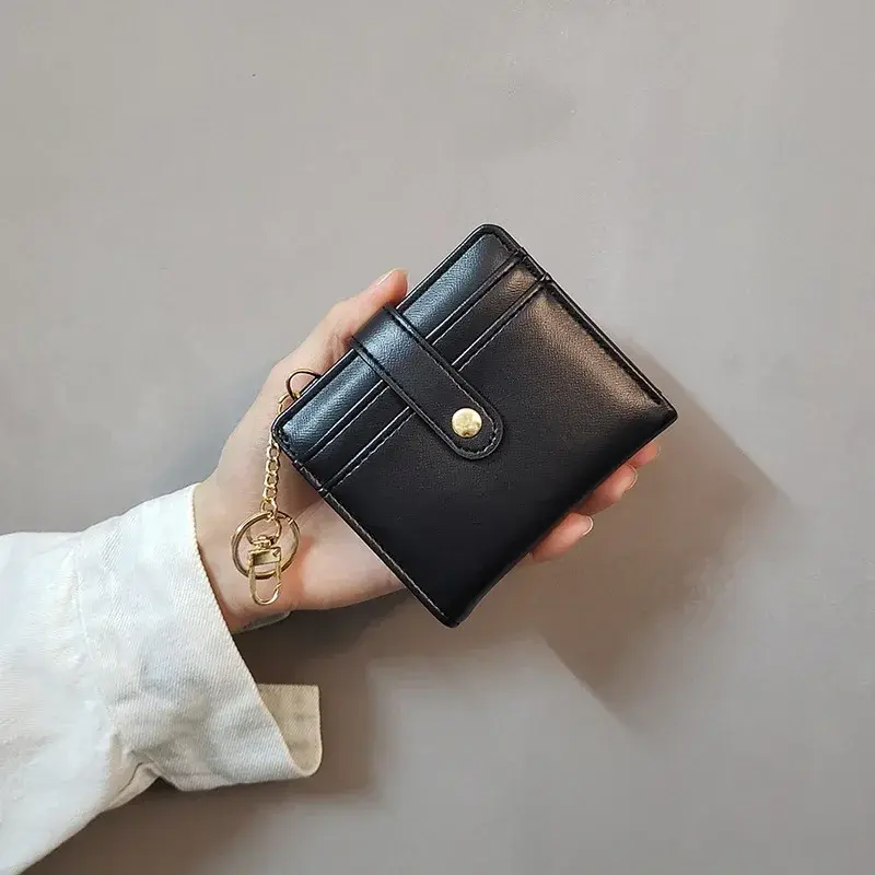 Coin Purse PU Women's Purses Short Thin Small Wallet Chic Metal Button Ladies Genuine Leather Card Holder Wallet Keychain Purses
