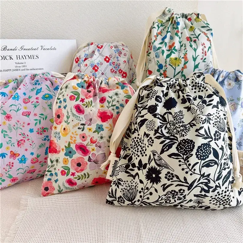 Portable Organizer for Underwear Socks Bra Cotton Makeup Bag Travel Drawstring Bags Ins Flower Print Clothes Cosmetic Bags 2025