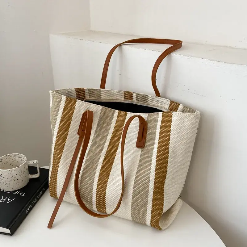 Raffia Summer Bags for Woman 2025 Stripe Designer Shoulder Crossbody Shopper Storage Bag Women Casual Canvas Handbag Tote Bag