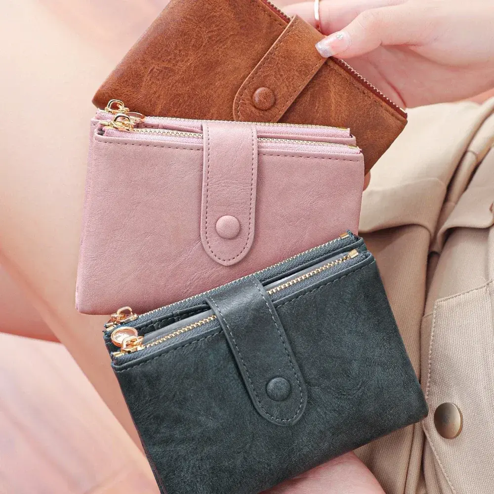 Women's Wallet Short Three Layer Large Capacity Double Zipper Card Holder ID Card Credit Bank Card Holder Money Purses for Women