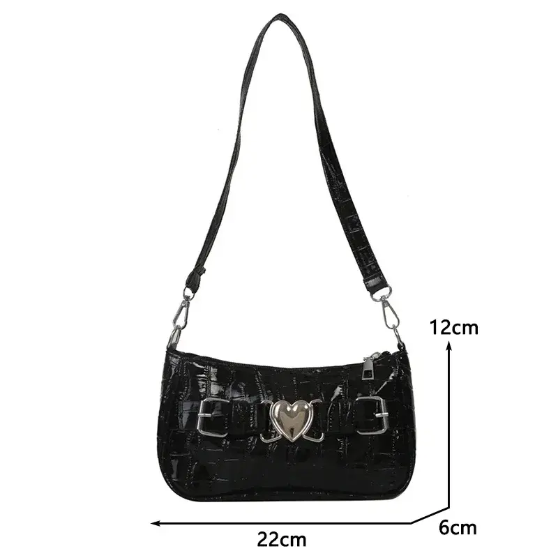 Women Y2K Peach Heart Butt Leather Handbags Girl Alligator Pattern Underarm Handbags Heart Pin Buckle Fashion Girls Shoulder Bag