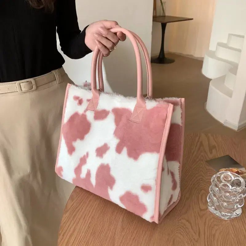 Women Soft Plush Hand Bag New Winter Leopard Cow Print Tote Bags Female Pu Leather Underarm Bags Furry Fluffy Shoulder Bag