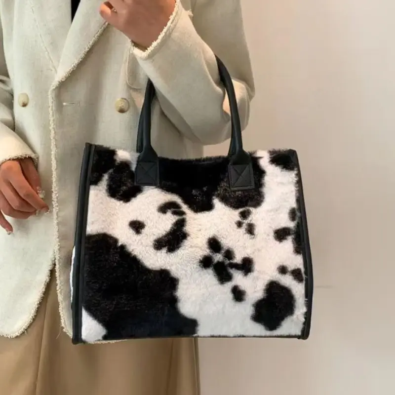 Women Soft Plush Hand Bag New Winter Leopard Cow Print Tote Bags Female Pu Leather Underarm Bags Furry Fluffy Shoulder Bag