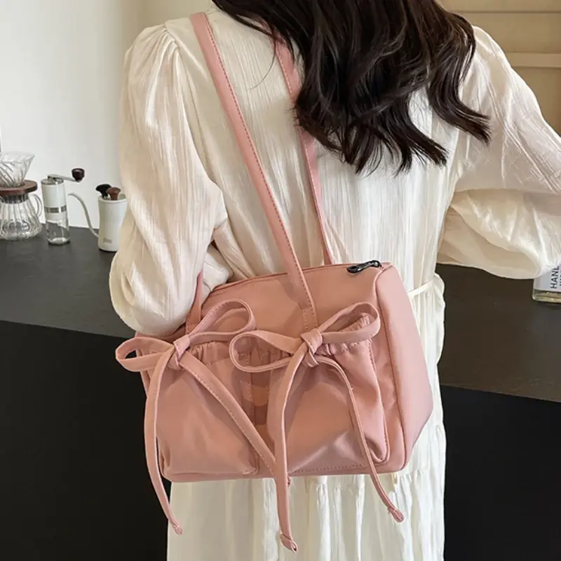 2025 New Korean Bow Nylon Shoulder Bag Fashionable and Sweet Design Tote Bag Folded Large Capacity Commuter Women's Handbag