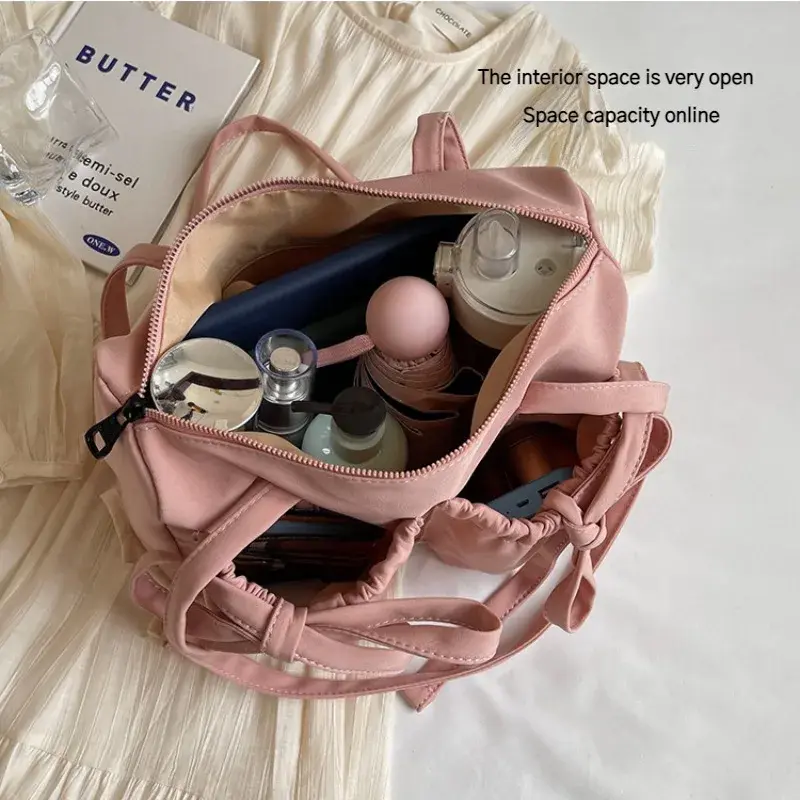 2025 New Korean Bow Nylon Shoulder Bag Fashionable and Sweet Design Tote Bag Folded Large Capacity Commuter Women's Handbag