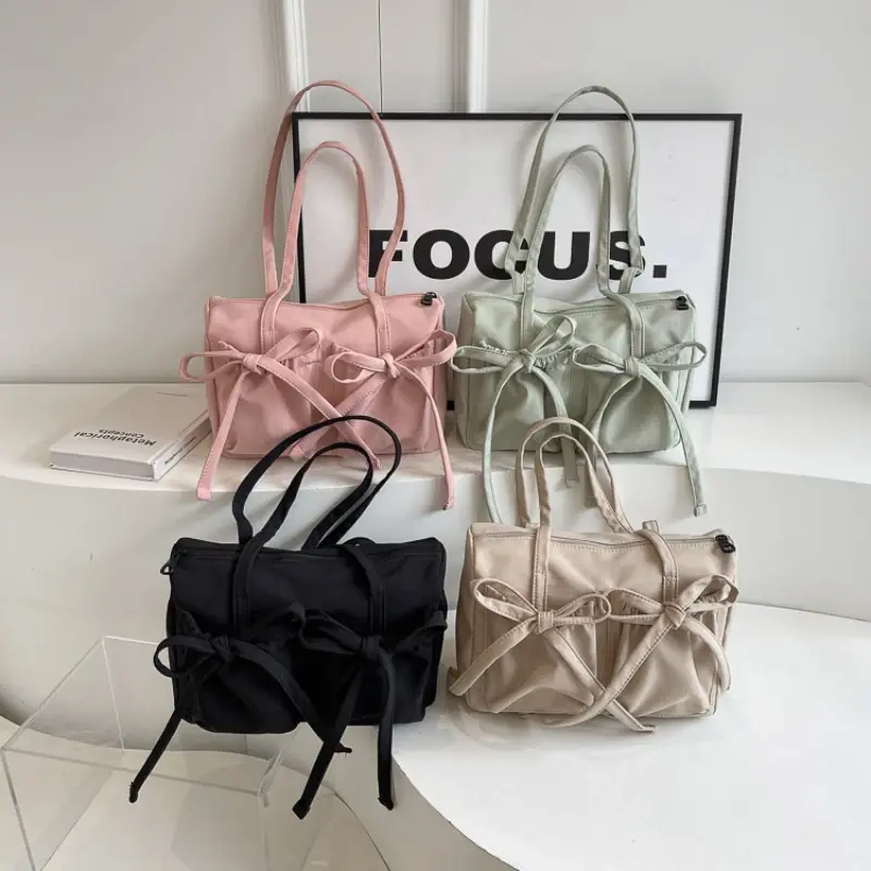 2025 New Korean Bow Nylon Shoulder Bag Fashionable and Sweet Design Tote Bag Folded Large Capacity Commuter Women's Handbag