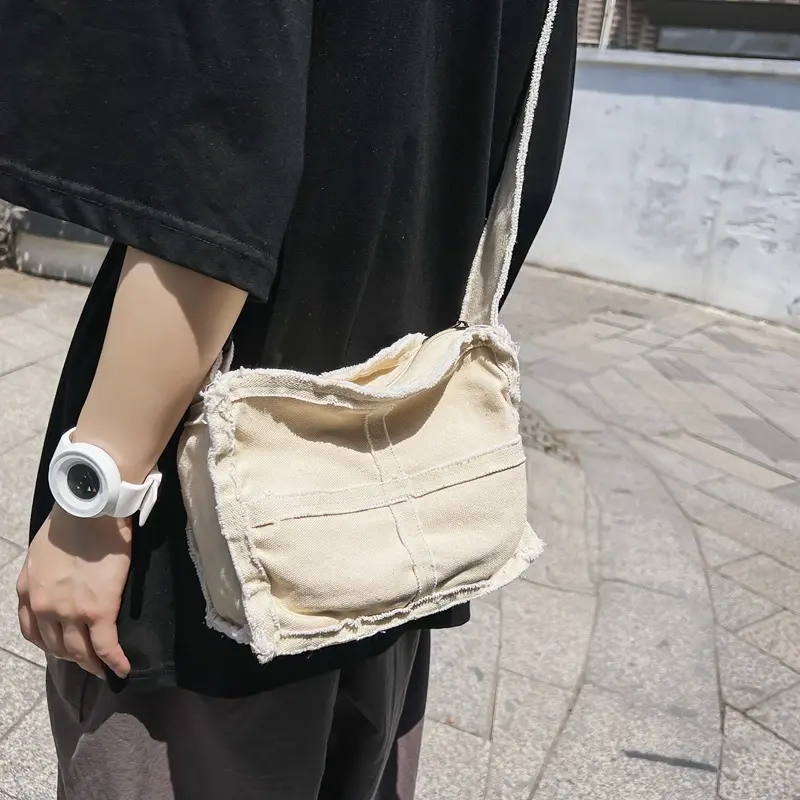 Canvas Shoulder Bag for Men Female Thick Cloth Small Messenger Bag for Women Retro Vintage Crossbody Bags Cute Zipper Purses