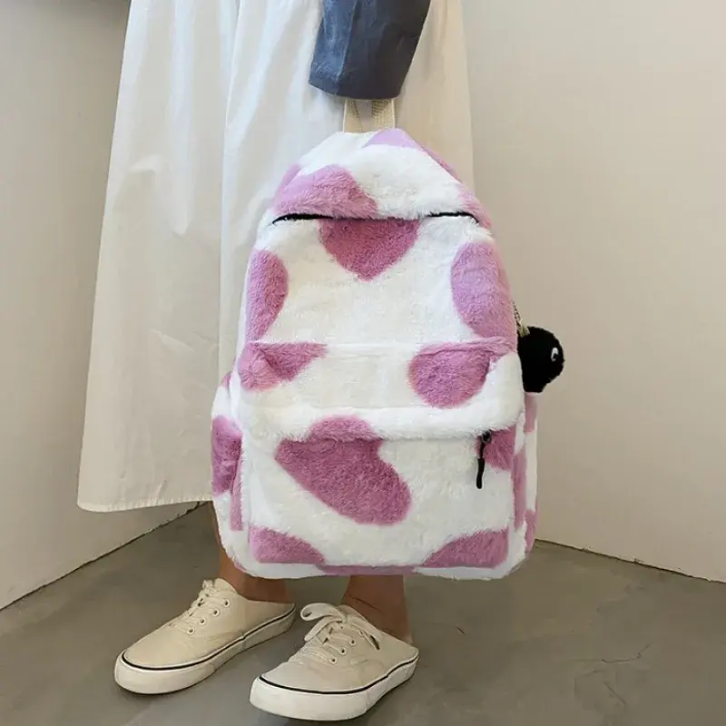 Heart Plush Cartoon Backpack Girl Plush Backpacks Cute Fur Backpacks Children School Bags Kids Gift Book Bag Mochilas Para Mujer