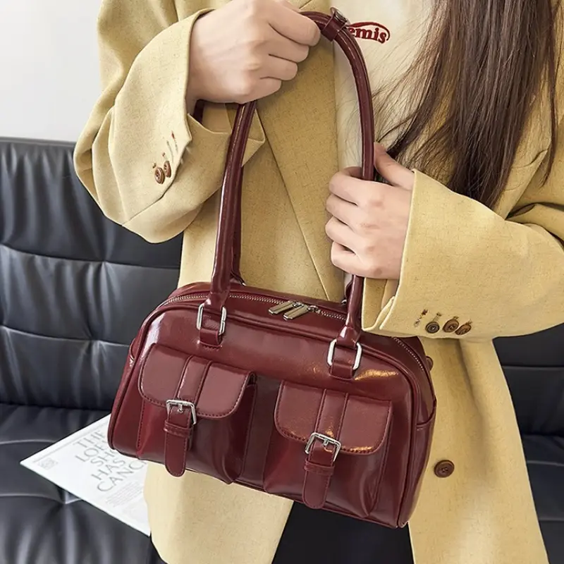 Retro PU Leather Double Pockets Underarm Bags For Women 2025 Winter Y2K New Korean Fashion Female Shoulder Bag Stylish Handbags